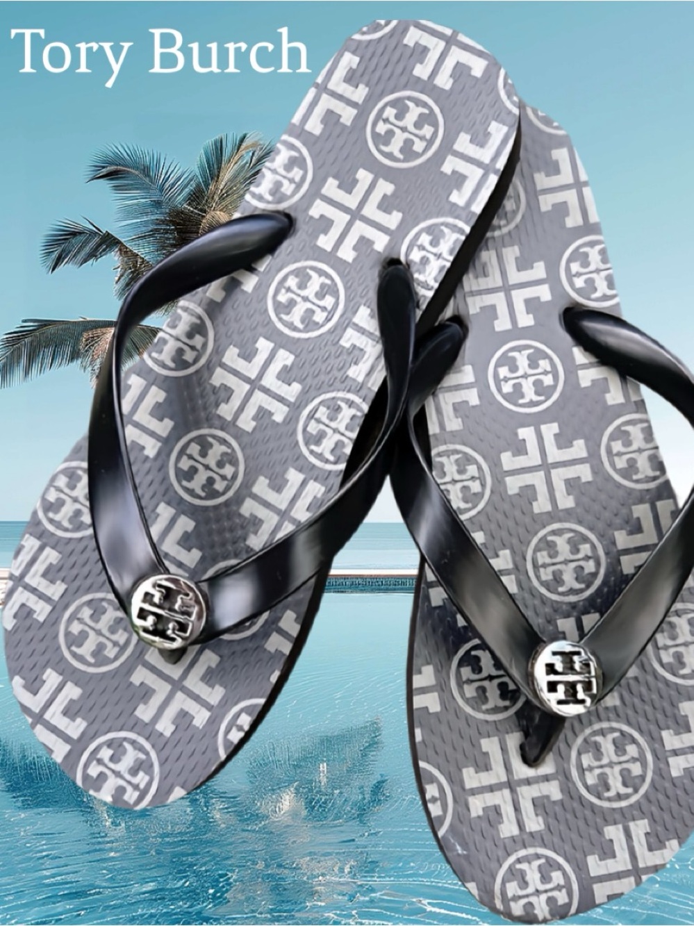 TORY BURCH LUXURY LOGO FLIP FLOPS/ SANDALS  7 - NEW !! 🖤☀️